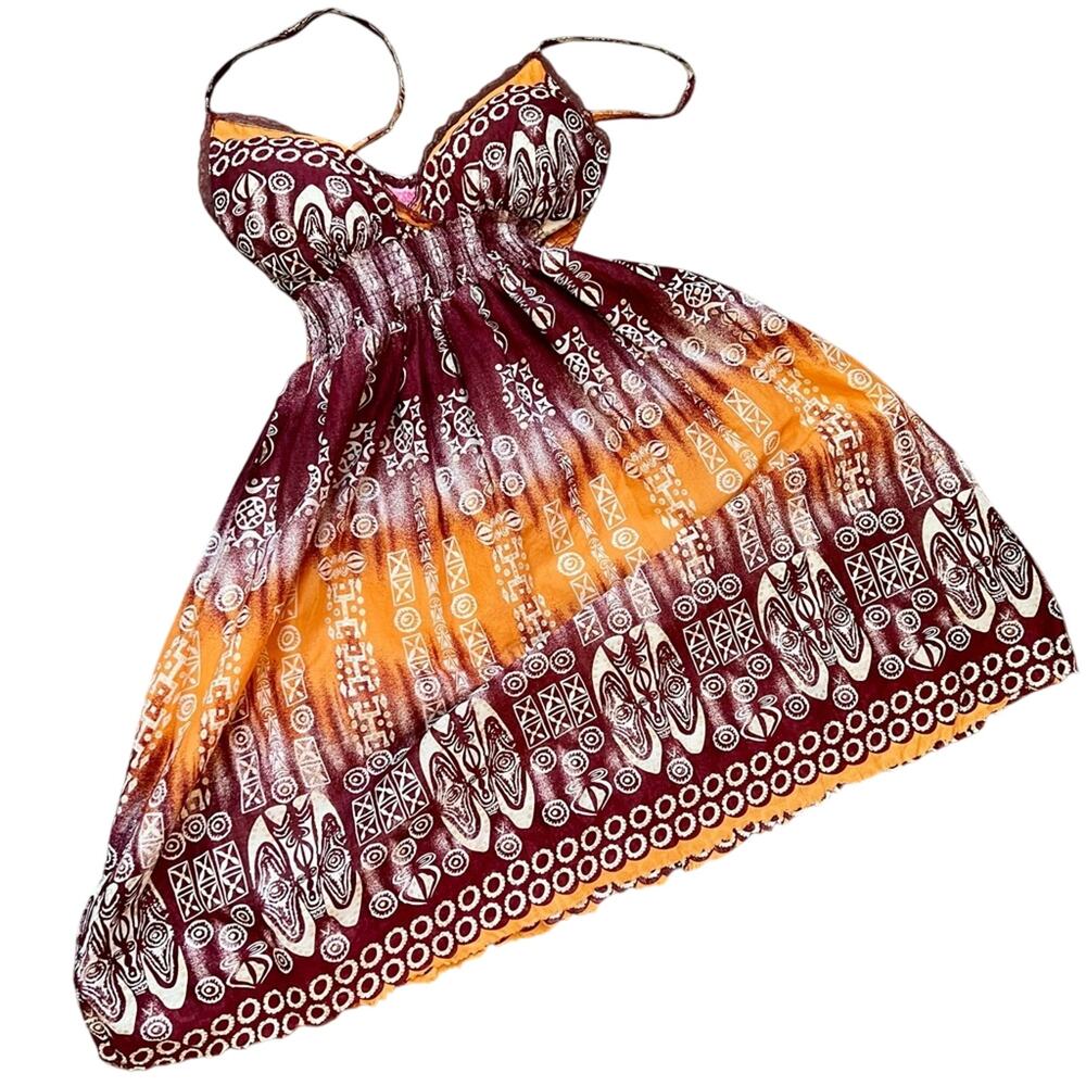 She’s Cool Boho Print Midi Dress Orange Brown Spaghetti Strap Festival - L